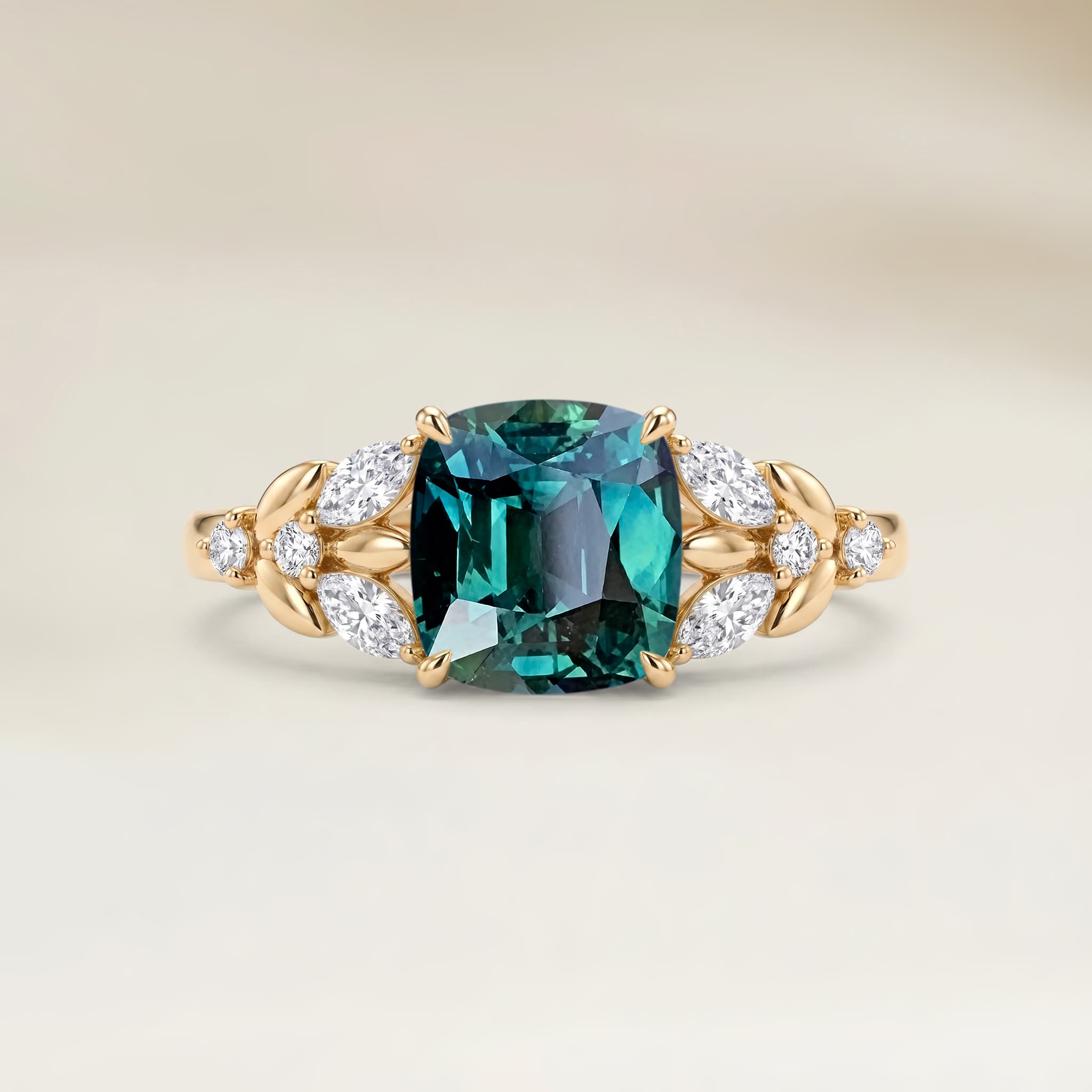Bague Floral Saphir Teal Coussin de 1,61ct