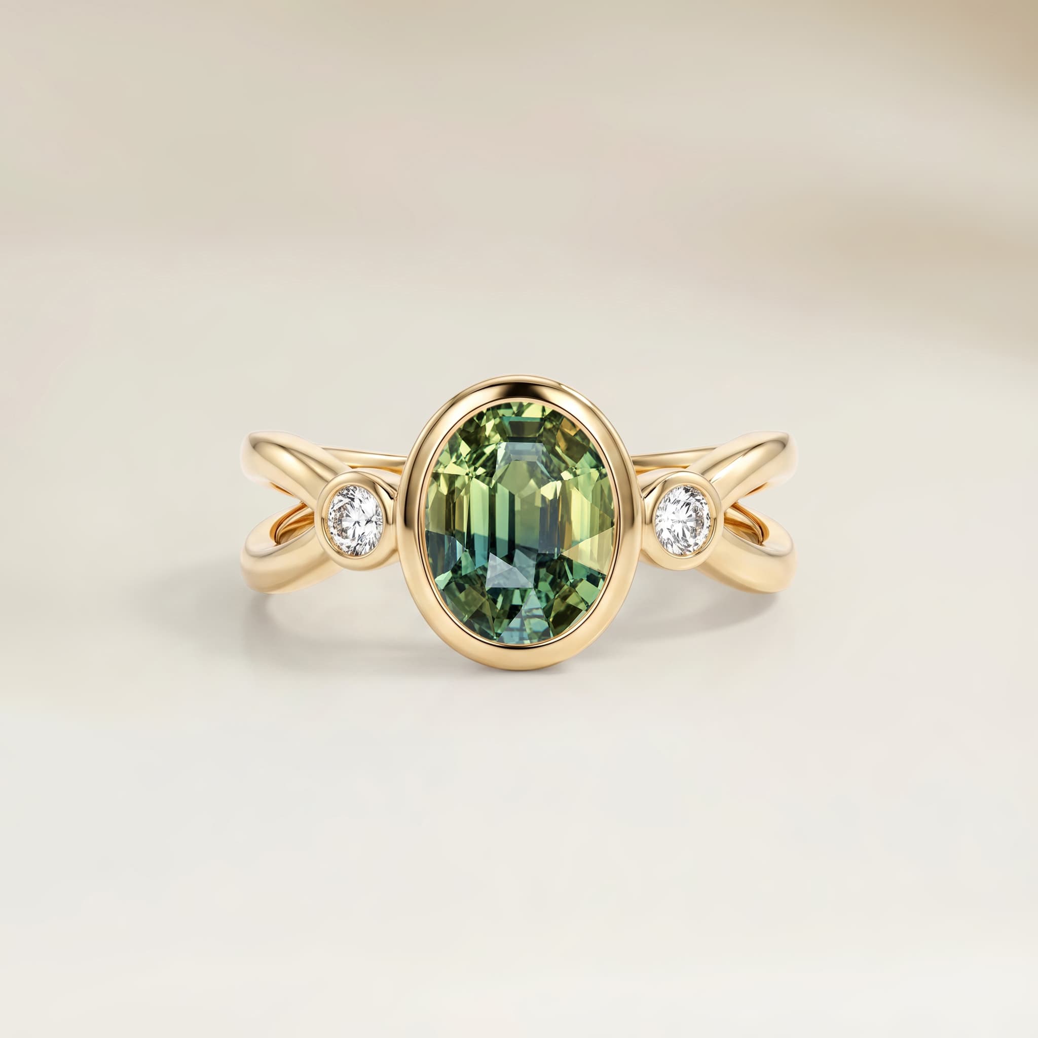 Bague Epaulé Saphir Vert Ovale de 1,52ct