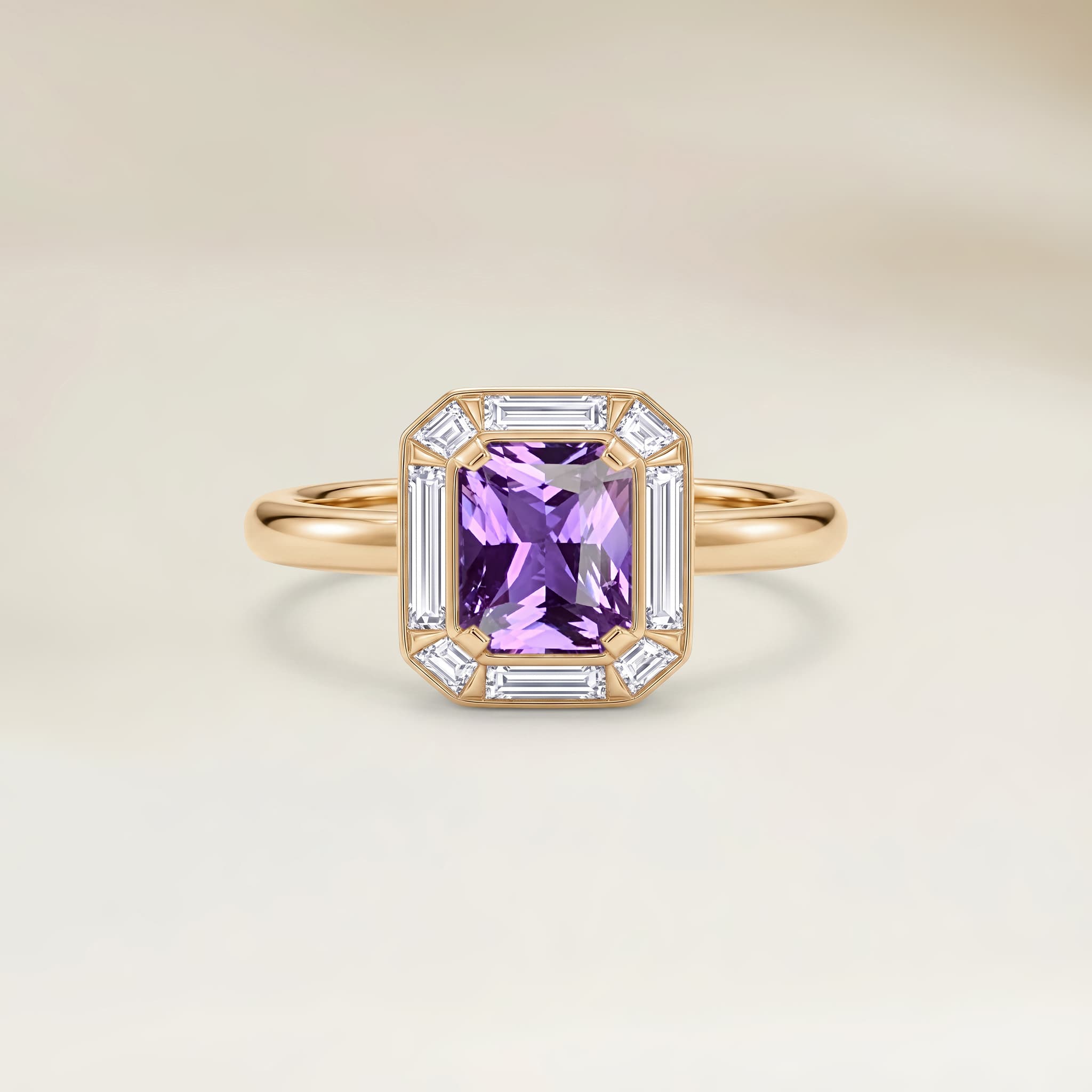 Bague Art Deco Saphir Violet Radiant de 1,60ct et diamants