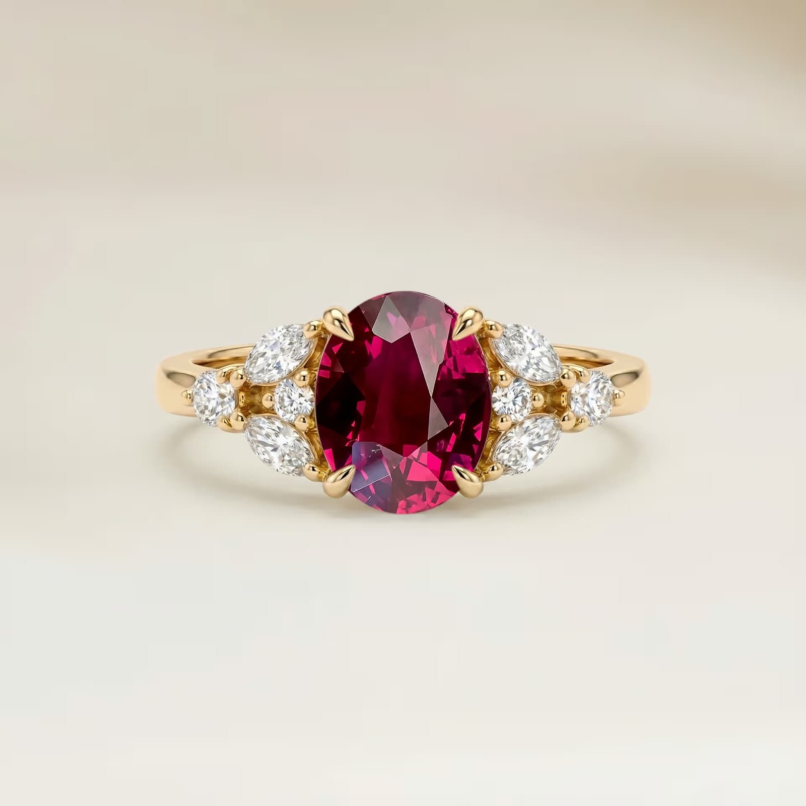 bague florale, rubis entouré de marquises