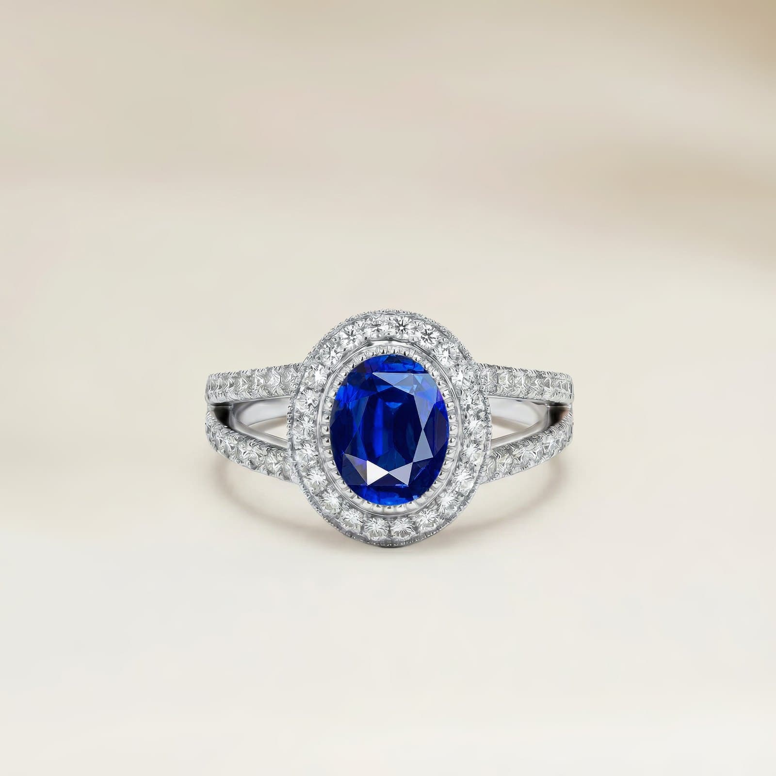 réalisation — ovale bleu roi halo or blanc