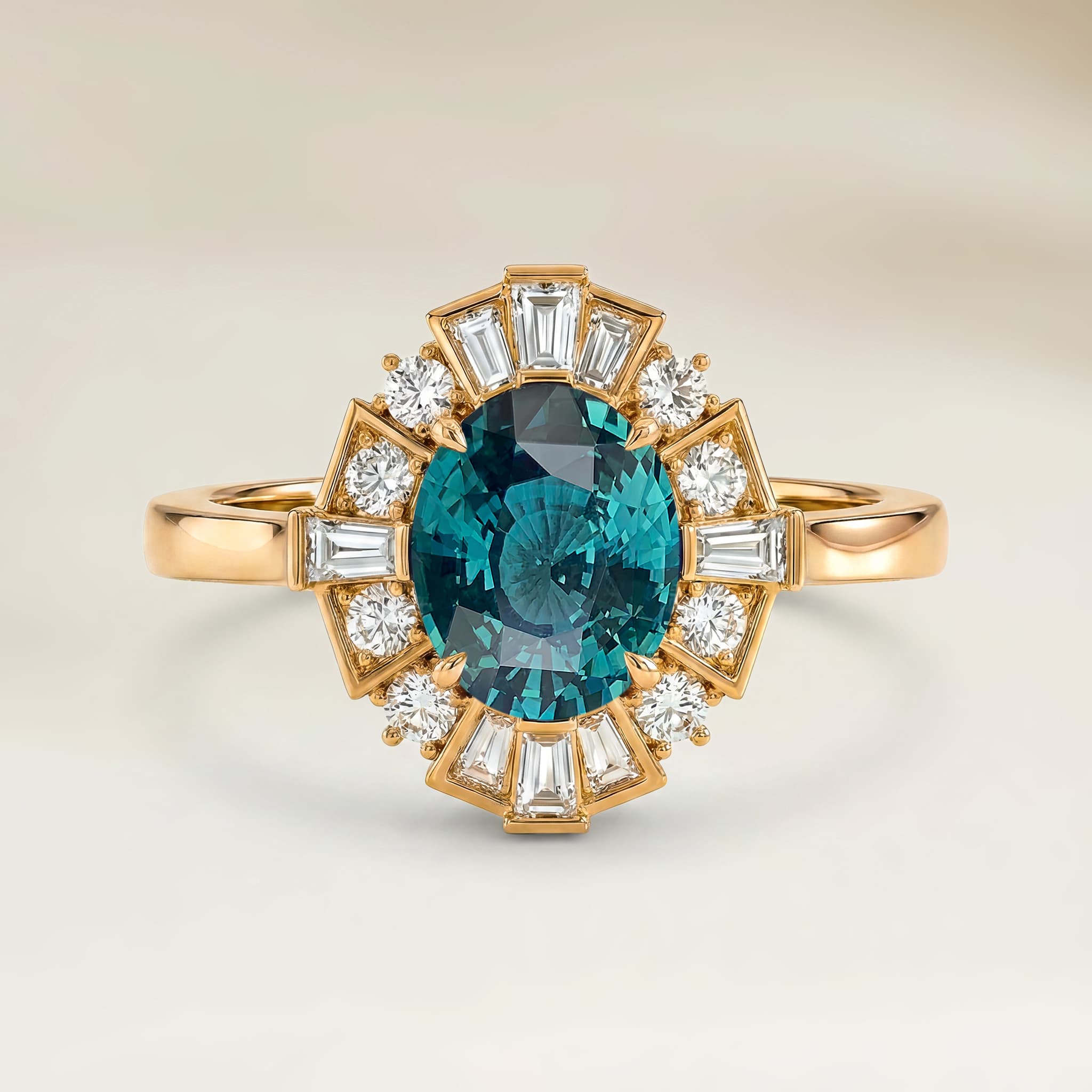 Bague Art Deco Saphir Teal Ovale de 3,05ct — Or Jaune 18k - vue principale