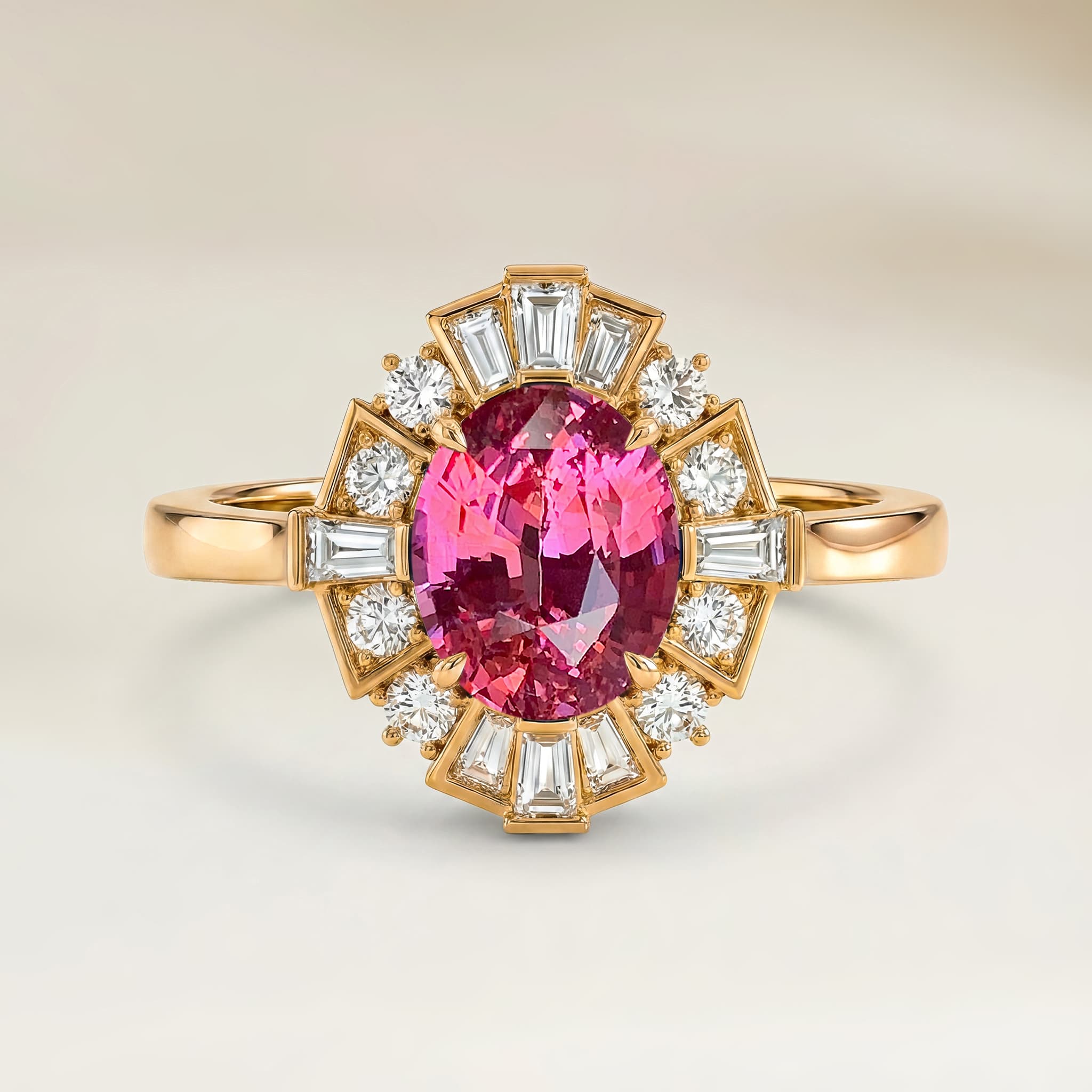 Bague Art Deco Saphir Padparadscha Ovale de 2,51ct — Or Jaune 18k - vue principale