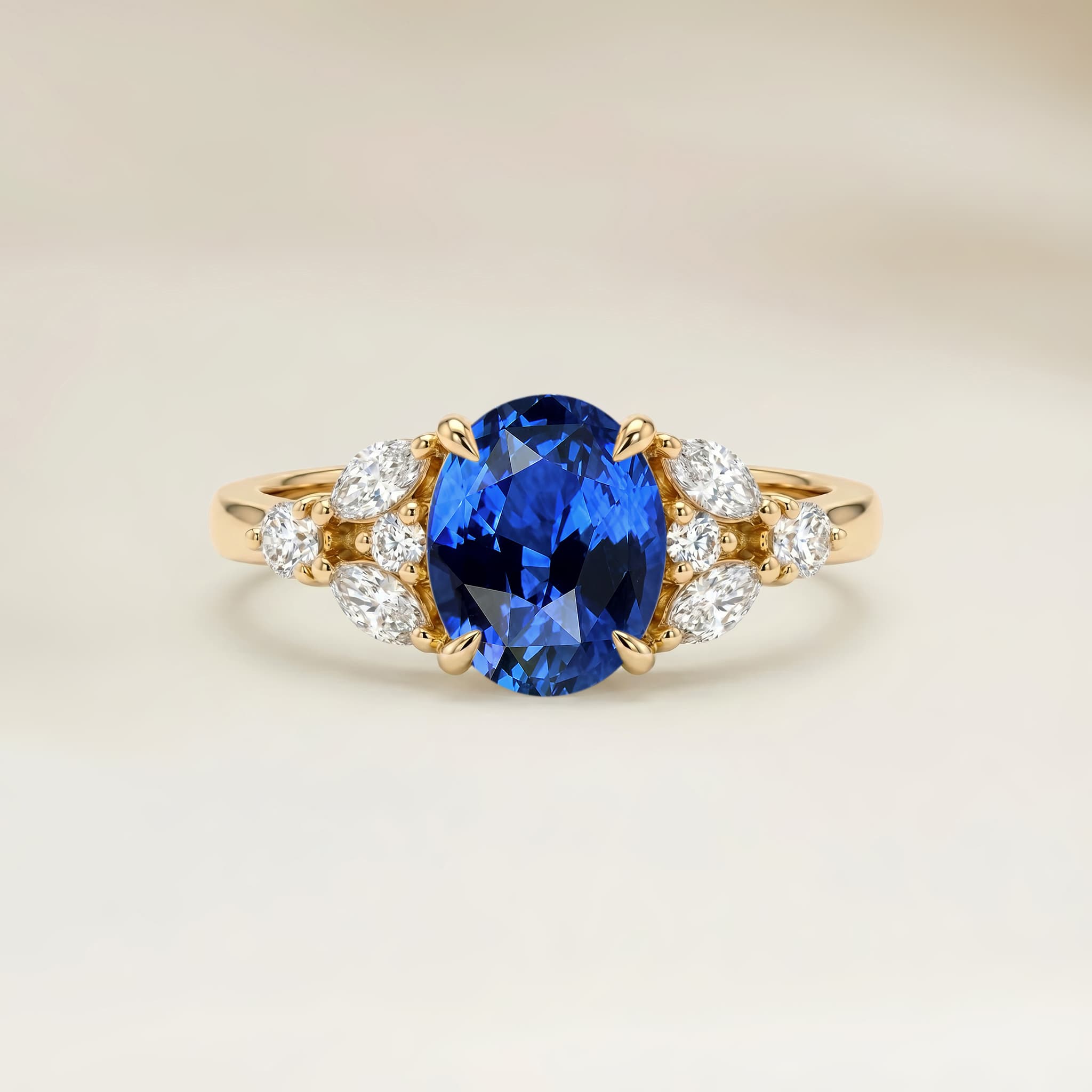 Bague Floral Saphir Bleu Ovale de 1,76ct — Or Jaune 18k - vue principale