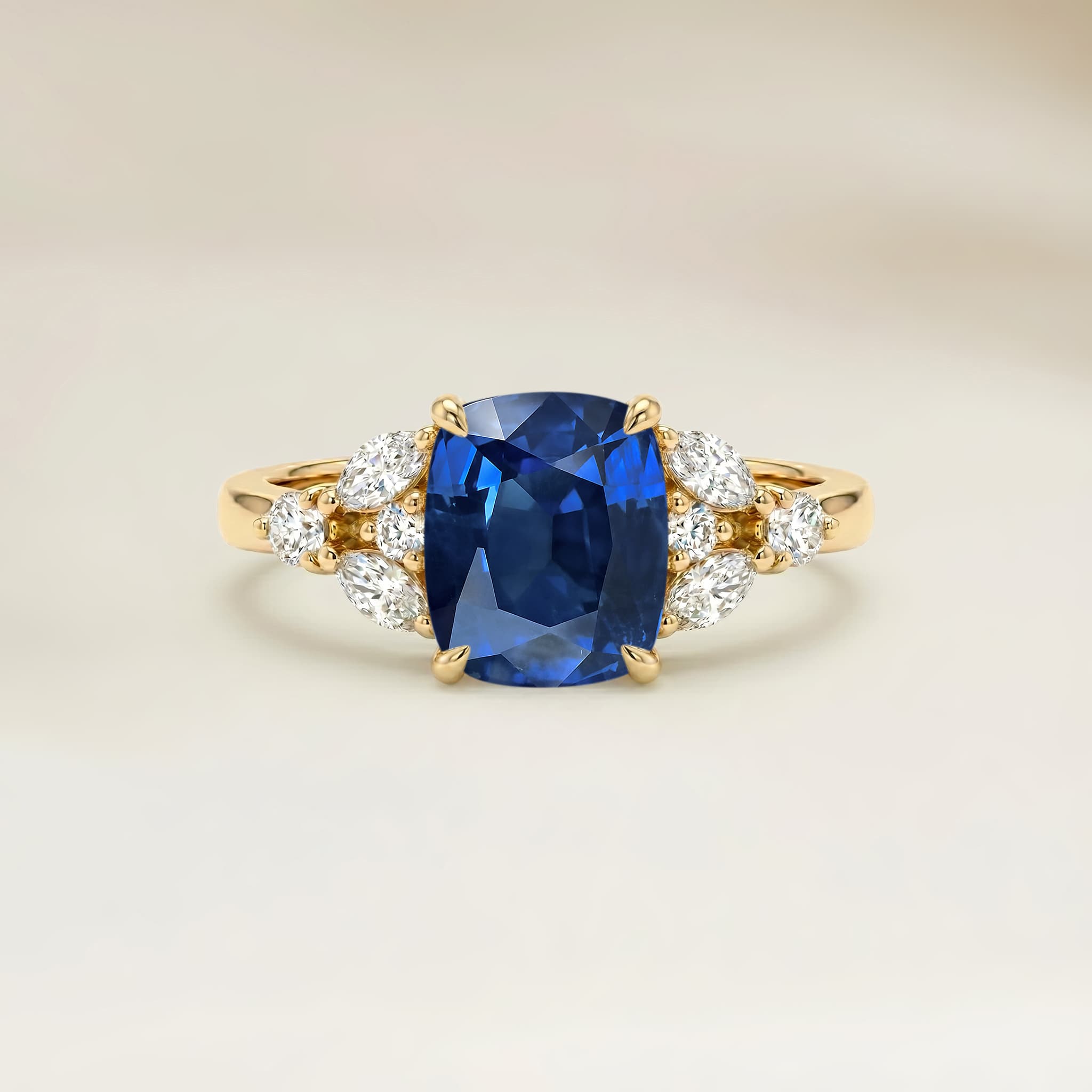 Bague Floral Saphir Bleu Coussin de 1,19ct — Or Jaune 18k - vue principale