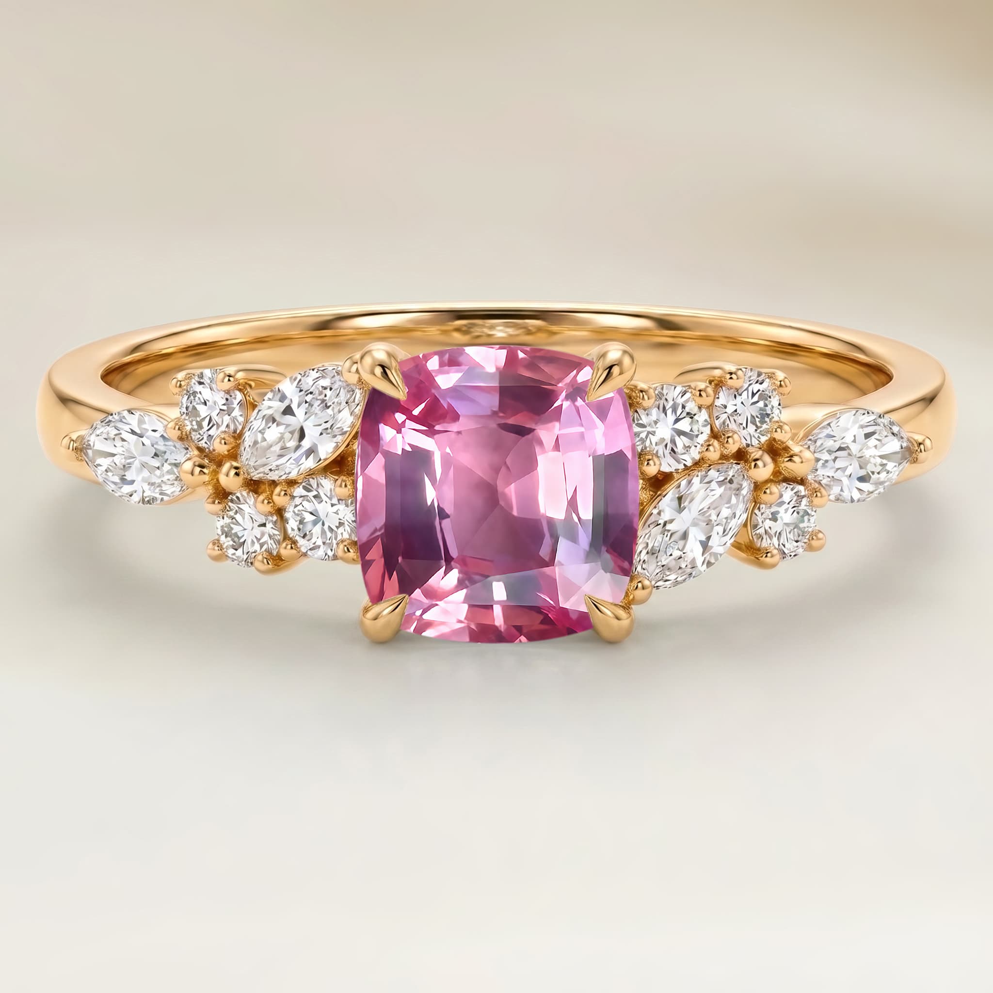 Bague Floral Saphir Padparadscha Coussin de 1,53ct — Or Jaune 18k - vue principale