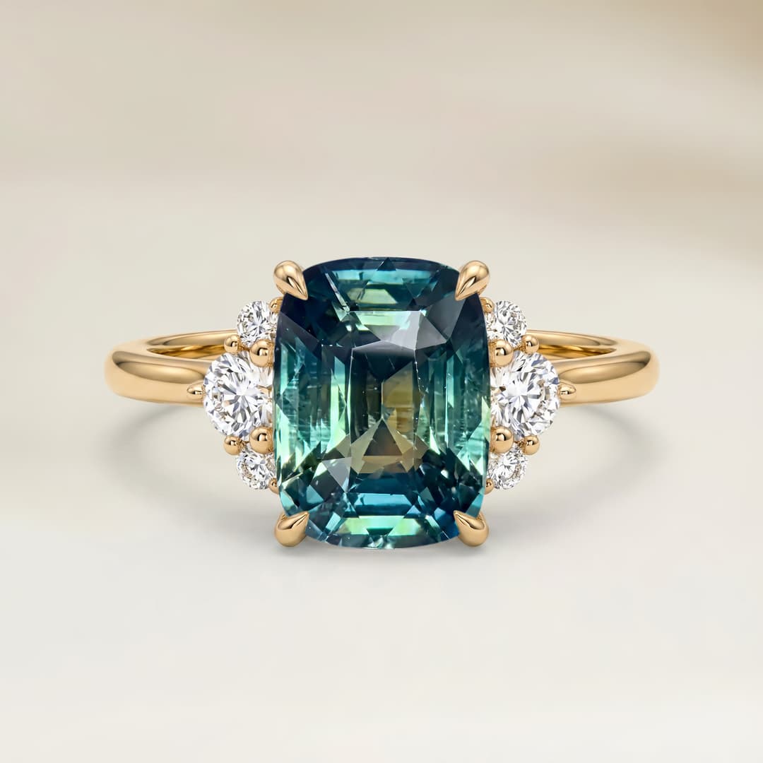 Anel Ombro Safira Bicolor Cushion de 2,07ct