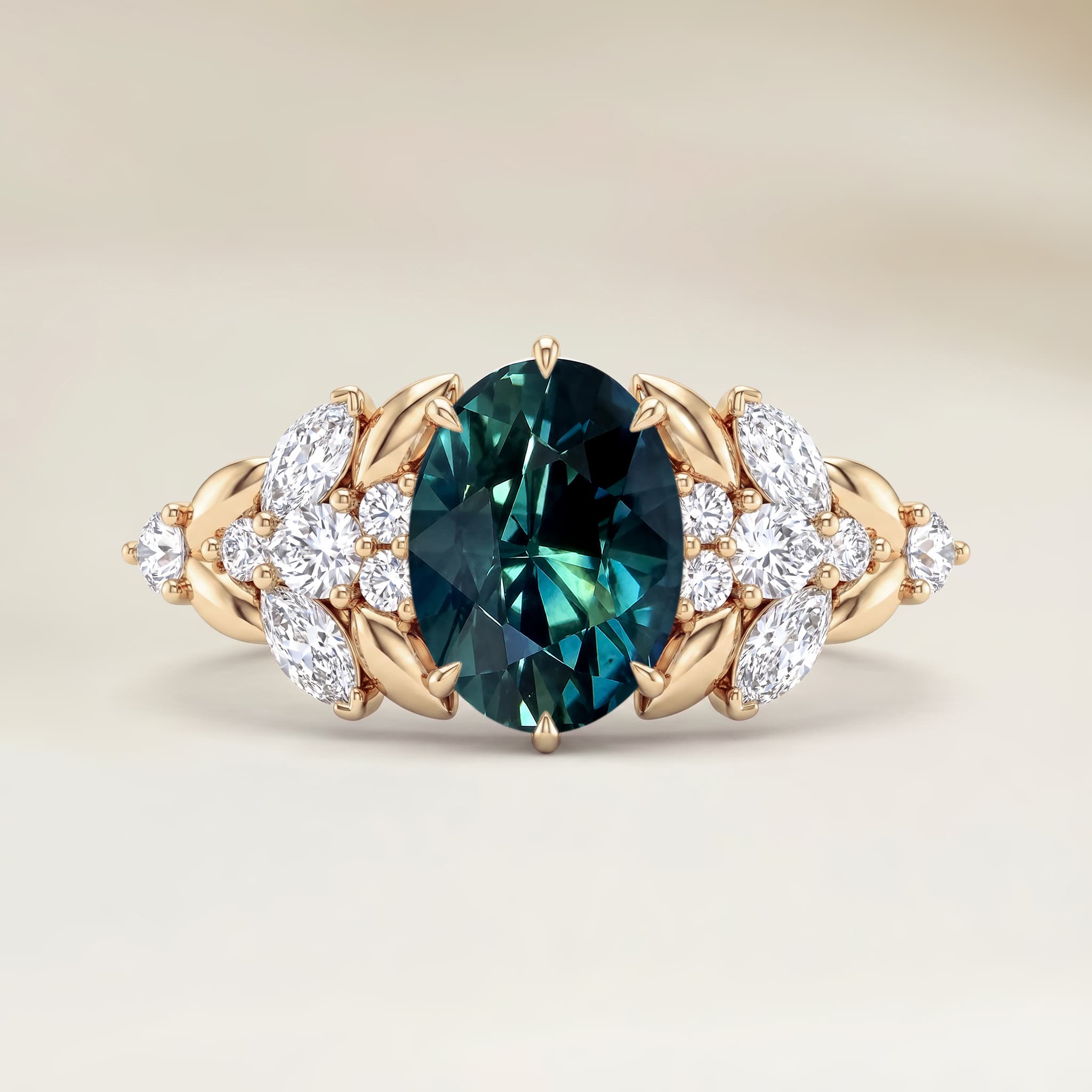 Bague Floral Saphir Teal Ovale de 1,61ct — Or Jaune 18k - vue principale