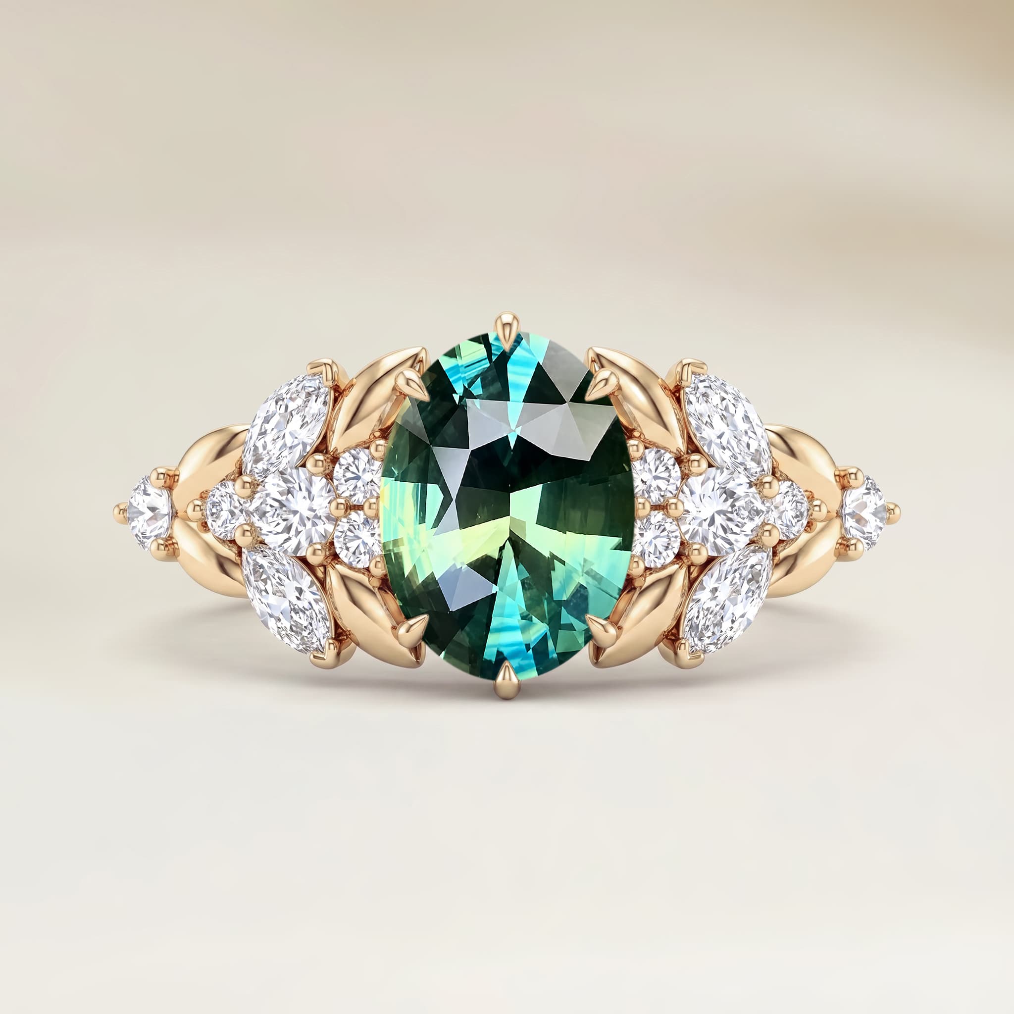 Bague Floral Saphir Teal Ovale de 2,04ct — Or Jaune 18k - vue principale