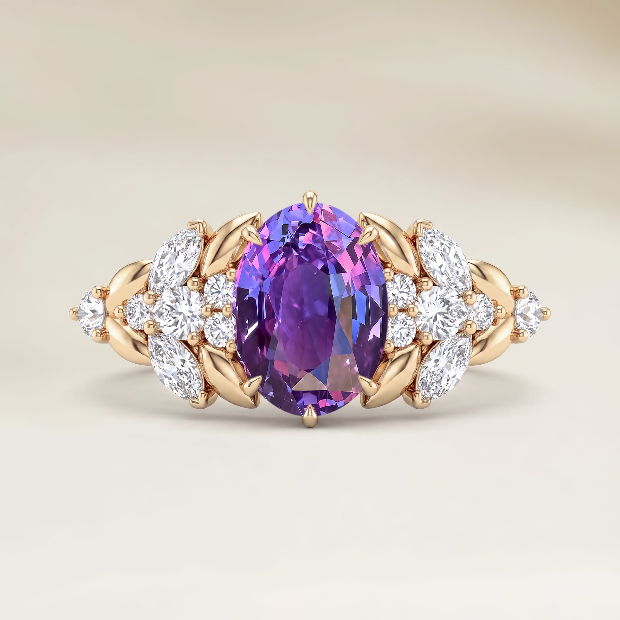 Bague Floral Saphir Violet Ovale de 1,05ct — Or Jaune 18k - vue principale