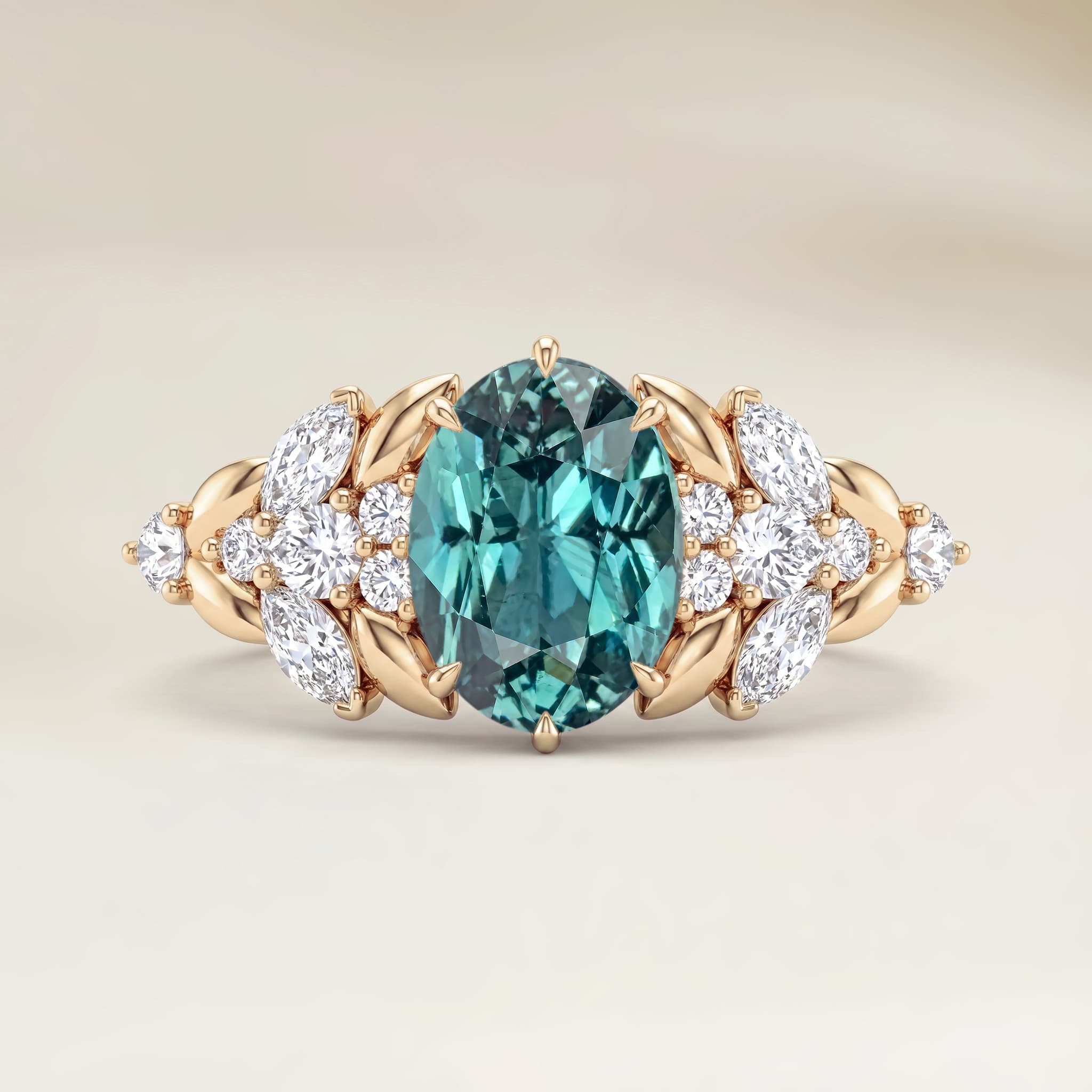 Bague Floral Saphir Teal Ovale de 1,56ct — Or Jaune 18k - vue principale