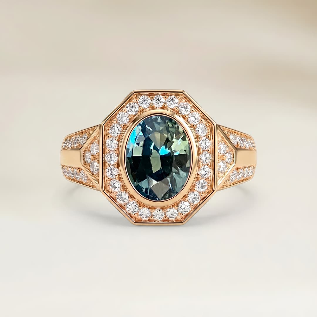 Ring Art Déco Teal-Saphir Oval 1,14 ct