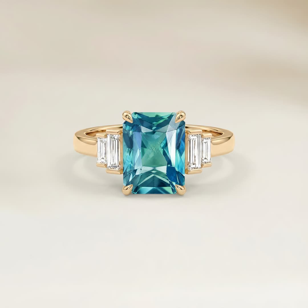 Anillo Art Déco Zafiro Teal Radiant de 3,07ct