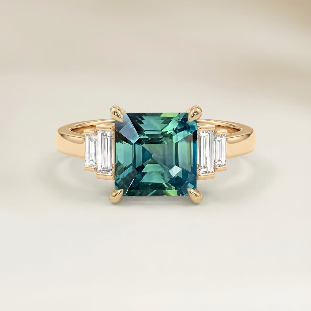 Ring Art Déco Teal-Saphir Emerald Cut 1,56 ct