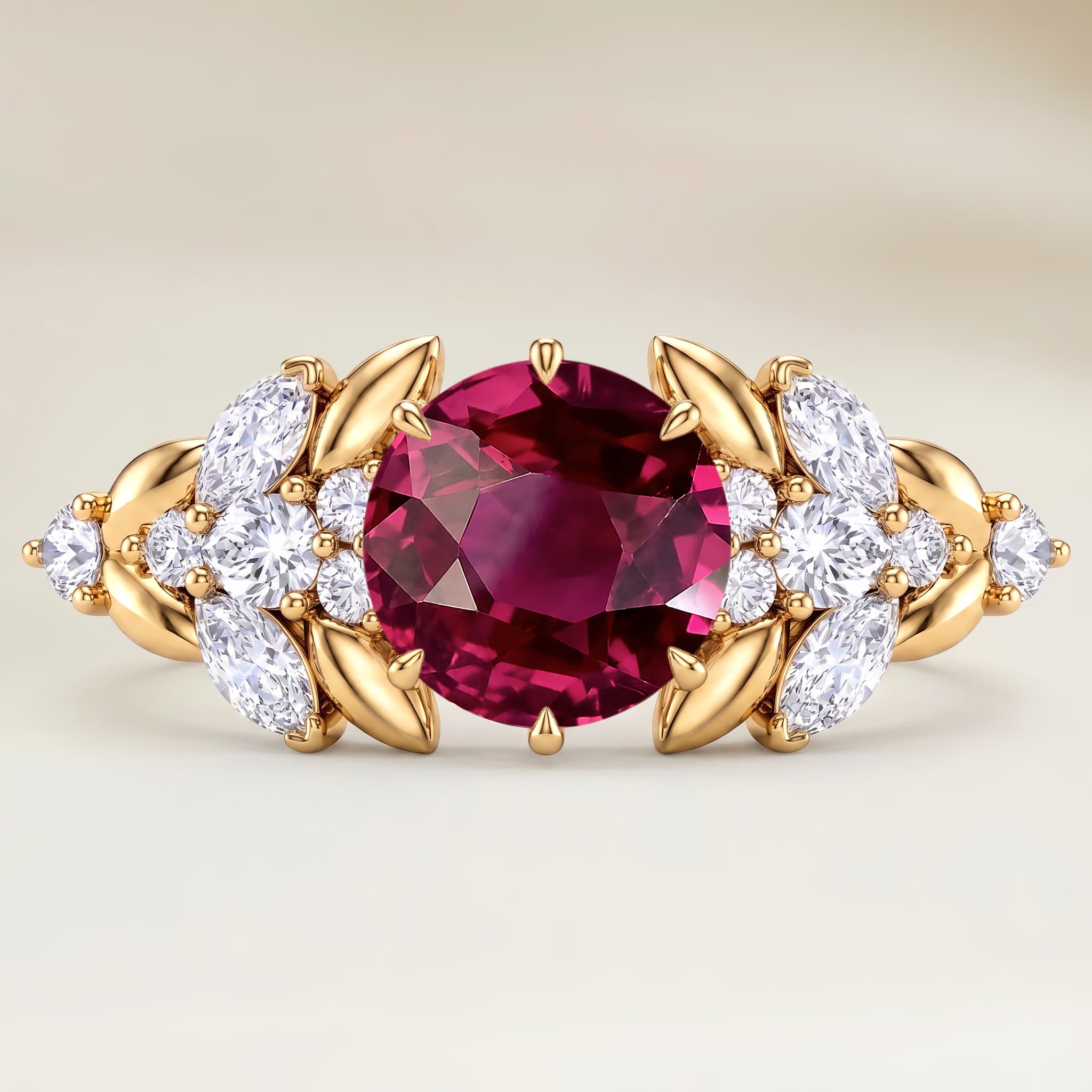 Bague Floral Rubis Ovale de 1,02ct — Or Jaune 18k - vue principale