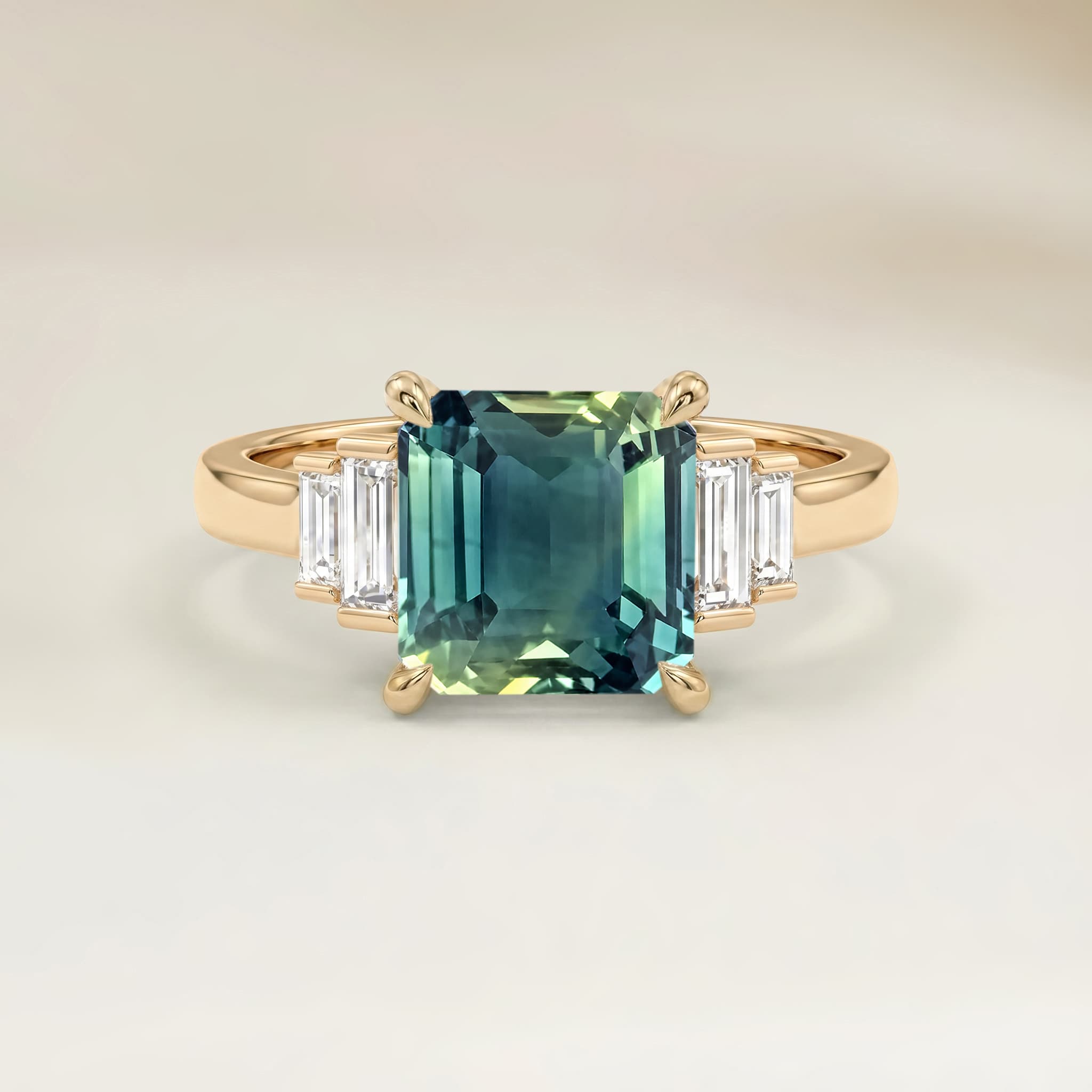 Bague Art Deco Saphir Bicolore Rectangle de 1,12ct — Or Jaune 18k - vue principale