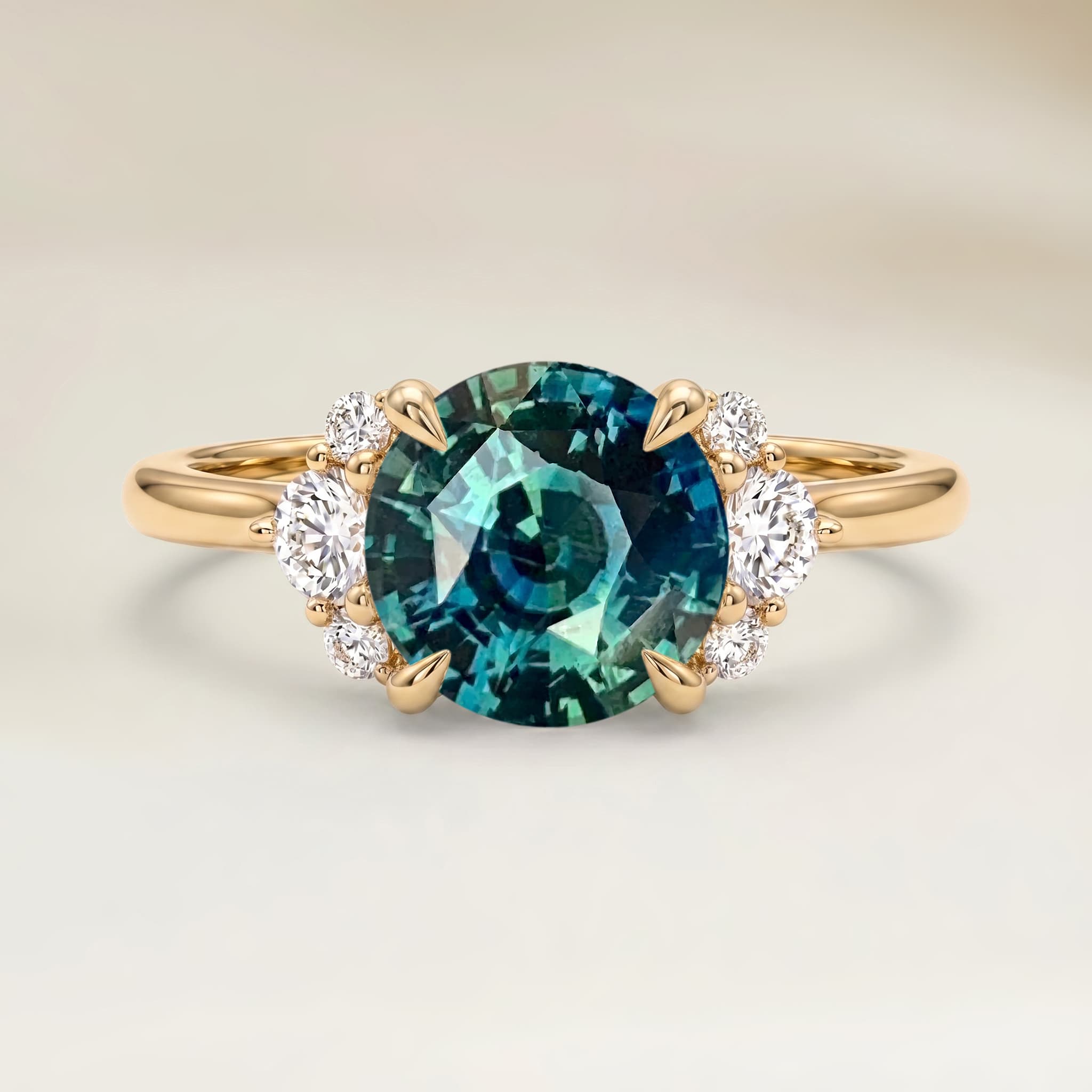 Bague Epaulé Saphir Teal Rond de 2,58ct — Or Jaune 18k - vue principale