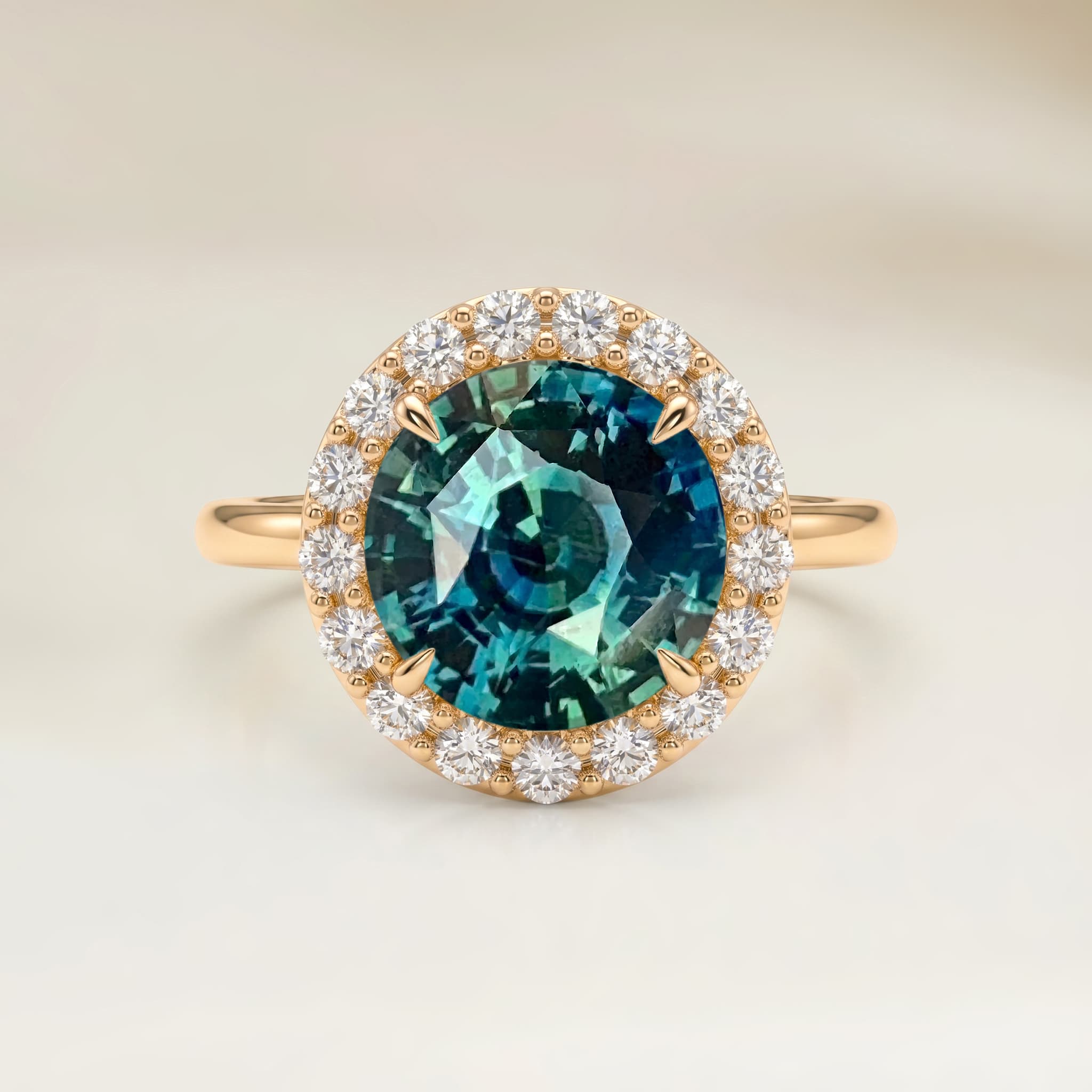 Bague Vintage Saphir Teal Rond de 2,58ct — Or Jaune 18k - vue principale