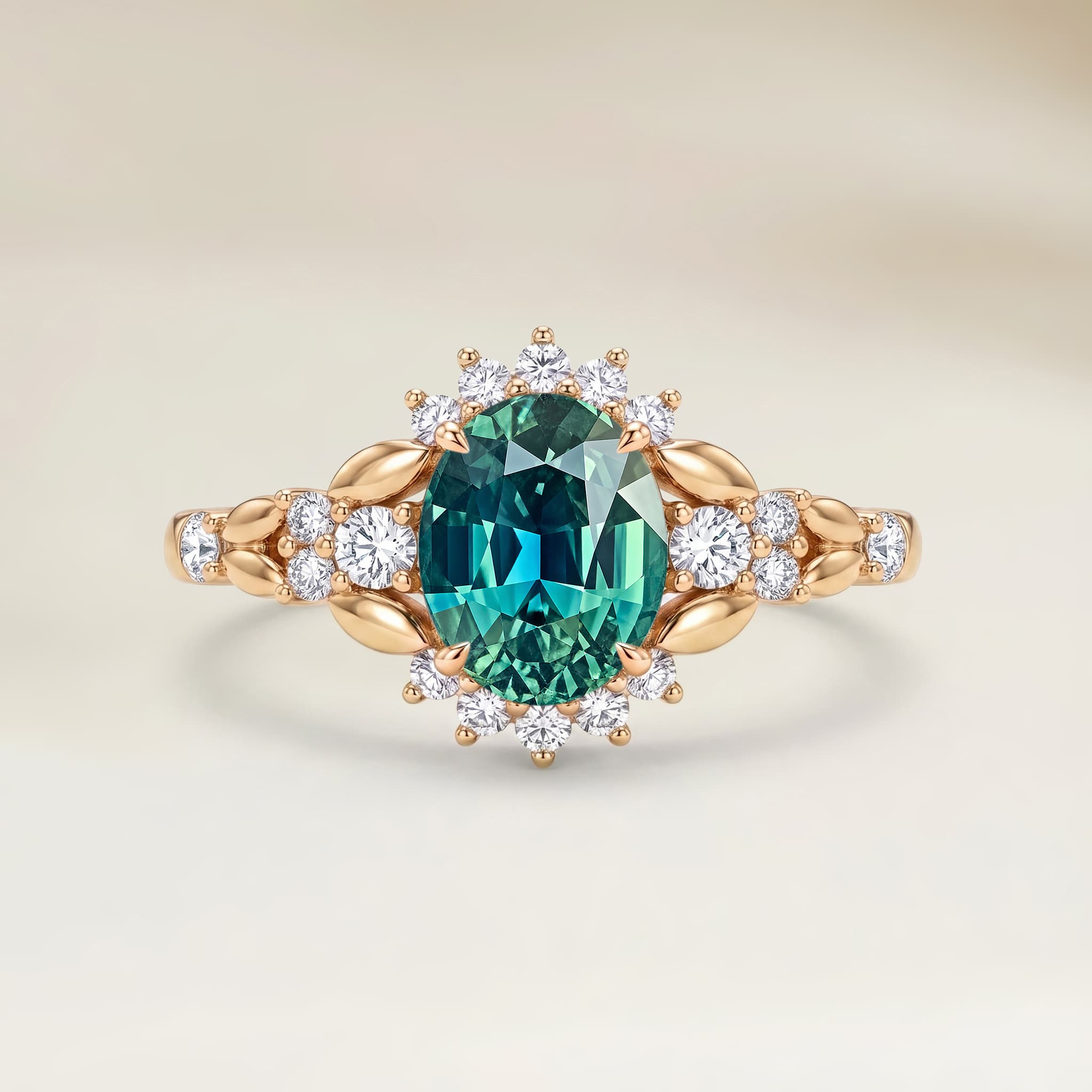 Bague Floral Saphir Teal Ovale de 2,55ct — Or Jaune 18k - vue principale