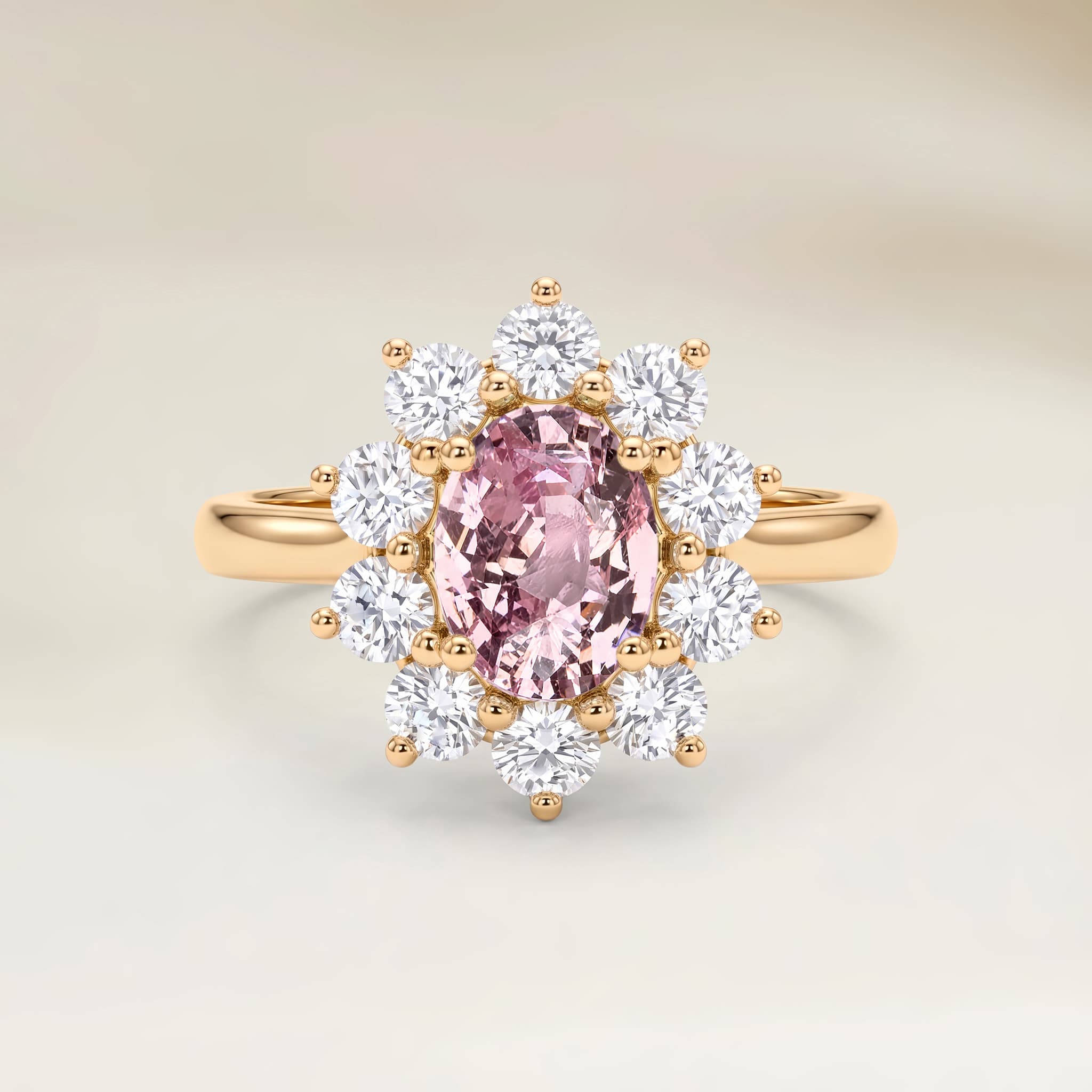 Bague Floral Saphir Padparadscha Ovale de 1,67ct — Or Jaune 18k - vue principale
