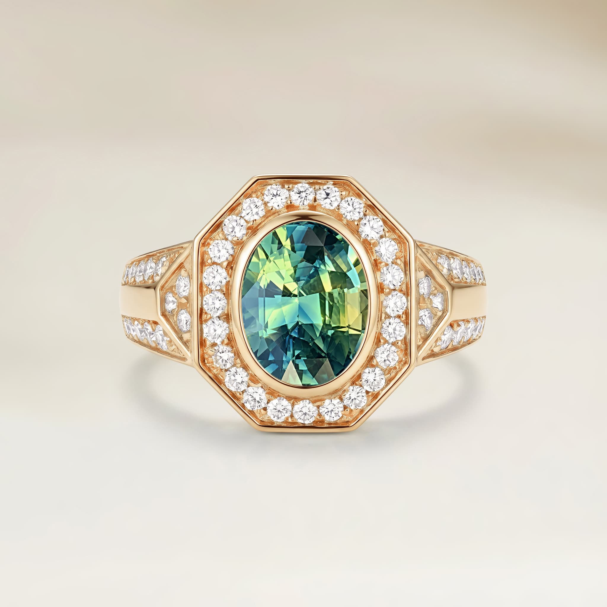 Bague Art Deco Saphir Bicolore Ovale de 2,00ct — Or Jaune 18k - vue principale