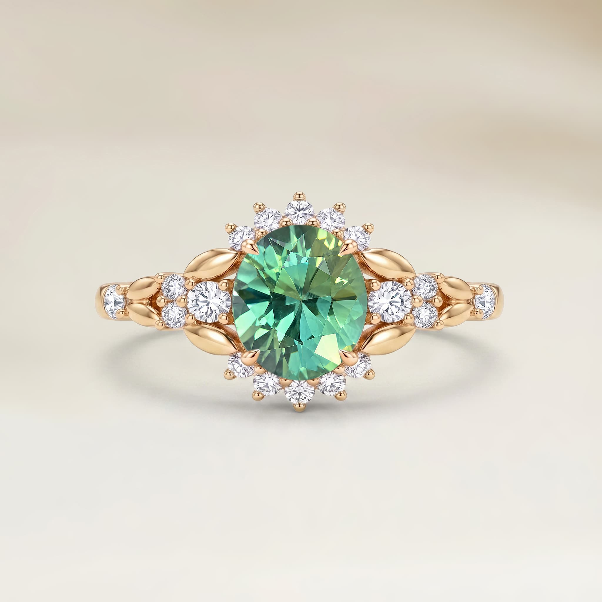 Bague Floral Saphir Vert Ovale de 1,11ct — Or Jaune 18k - vue principale