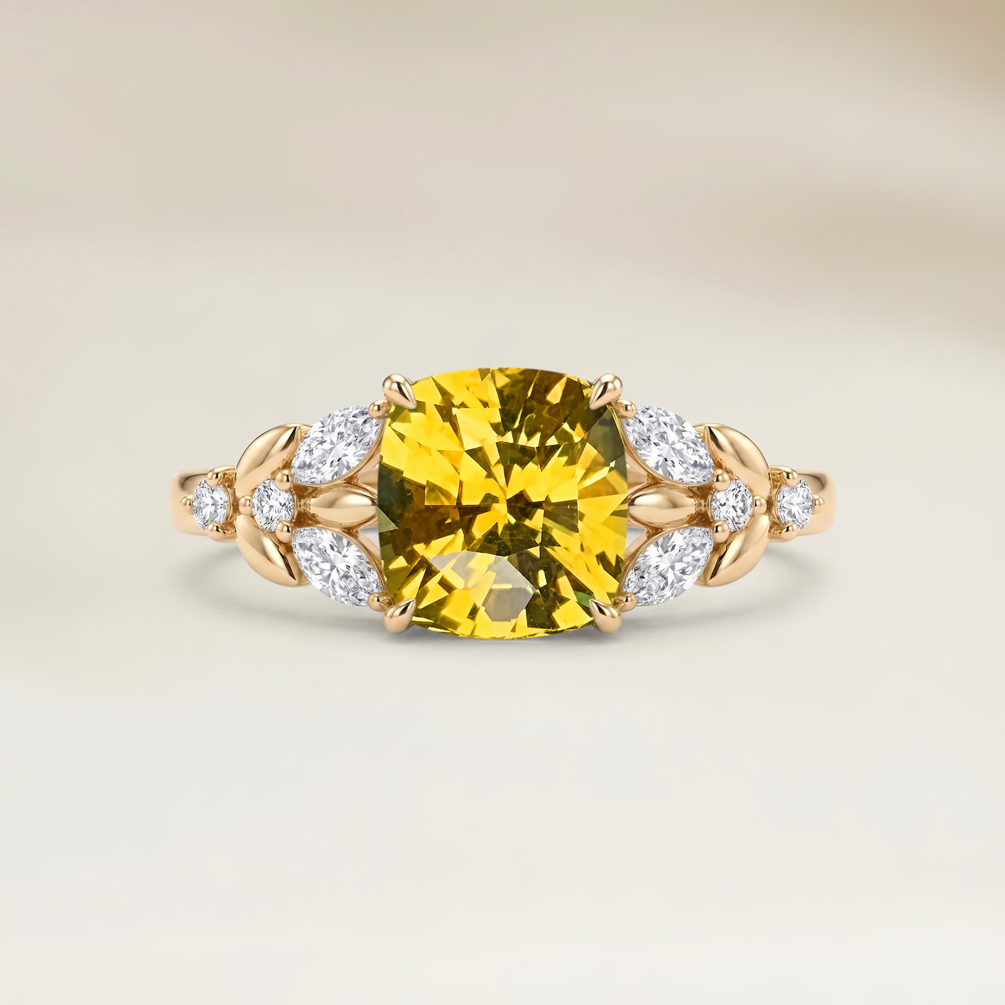 Bague Floral Saphir Jaune Coussin de 1,10ct — Or Jaune 18k - vue principale