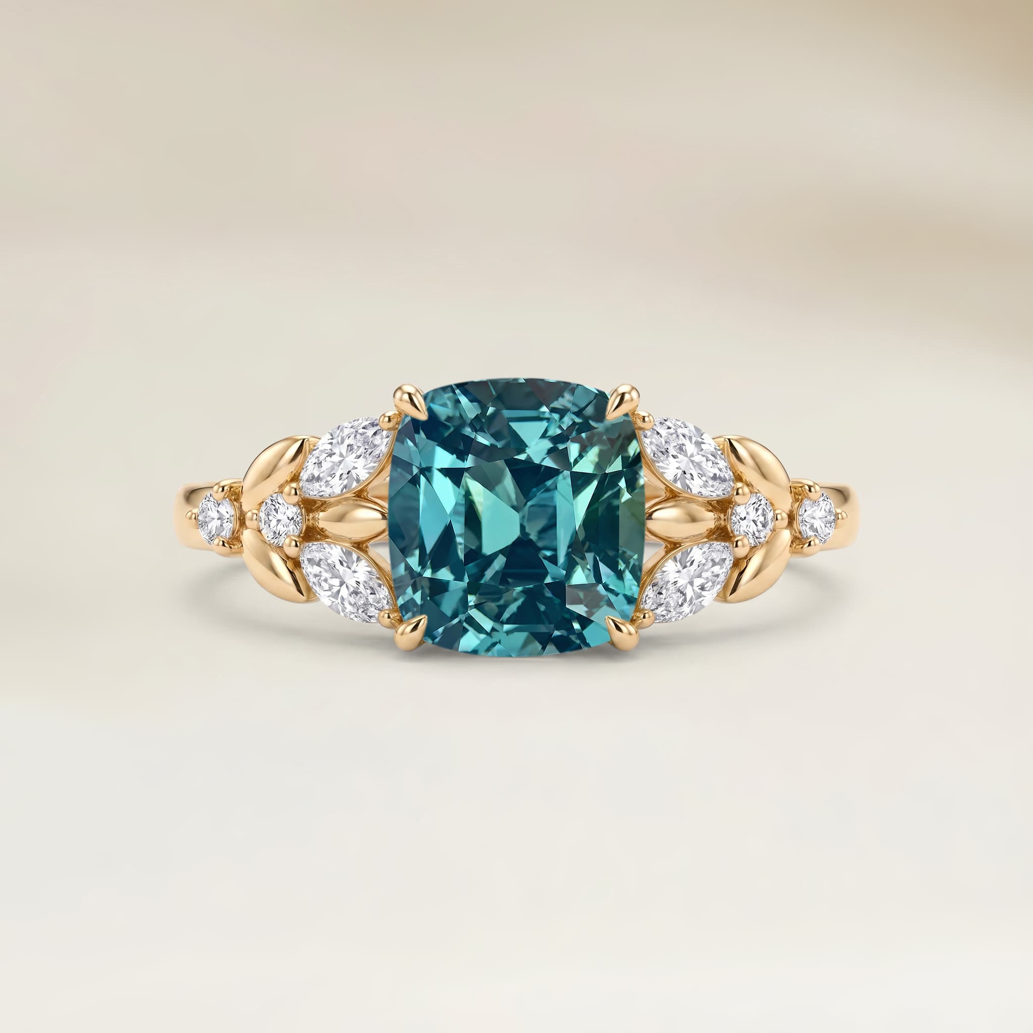 Bague Floral Saphir Teal Coussin de 1,31ct — Or Jaune 18k - vue principale