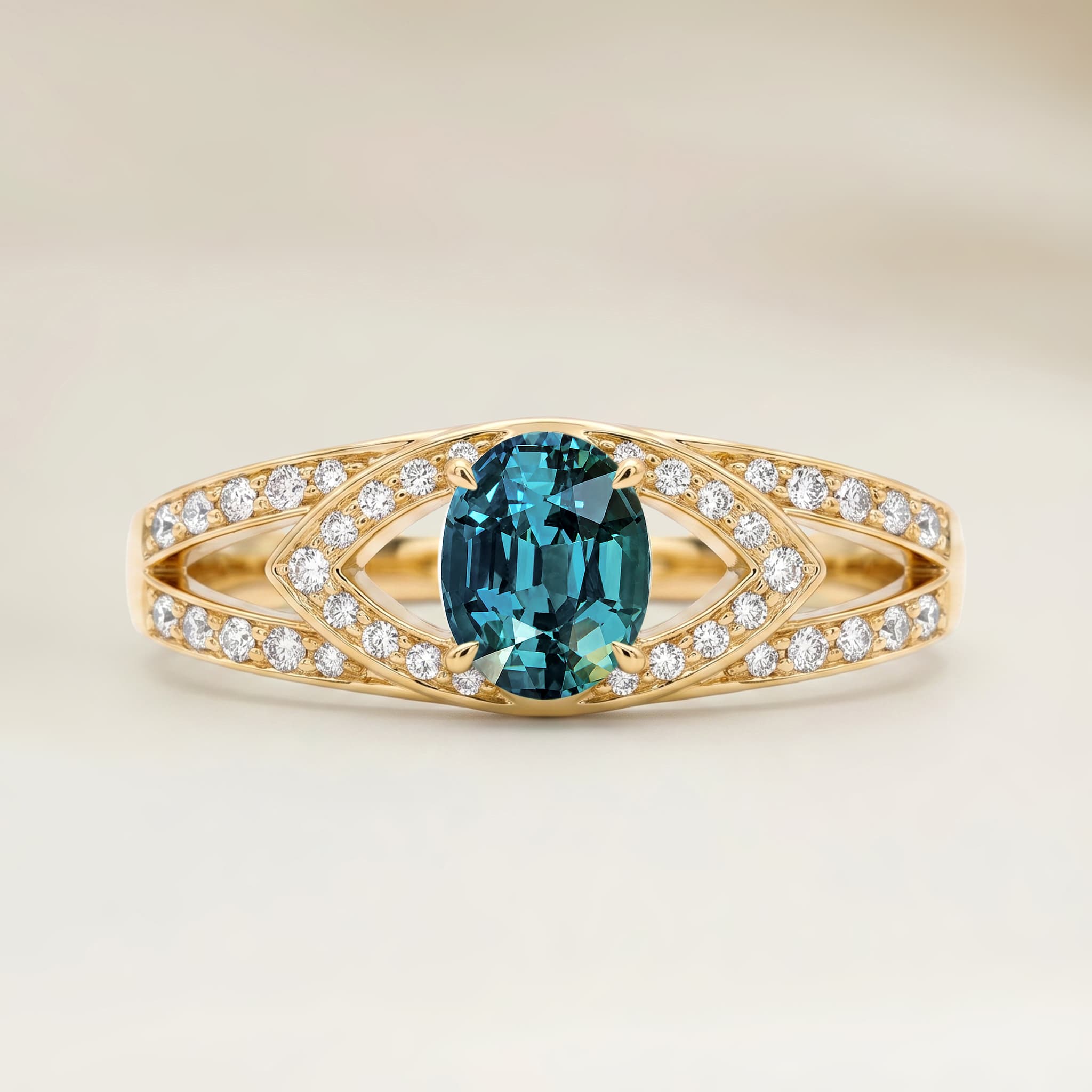 Bague Moderne Saphir Teal Ovale de 1,30ct — Or Jaune 18k - vue principale
