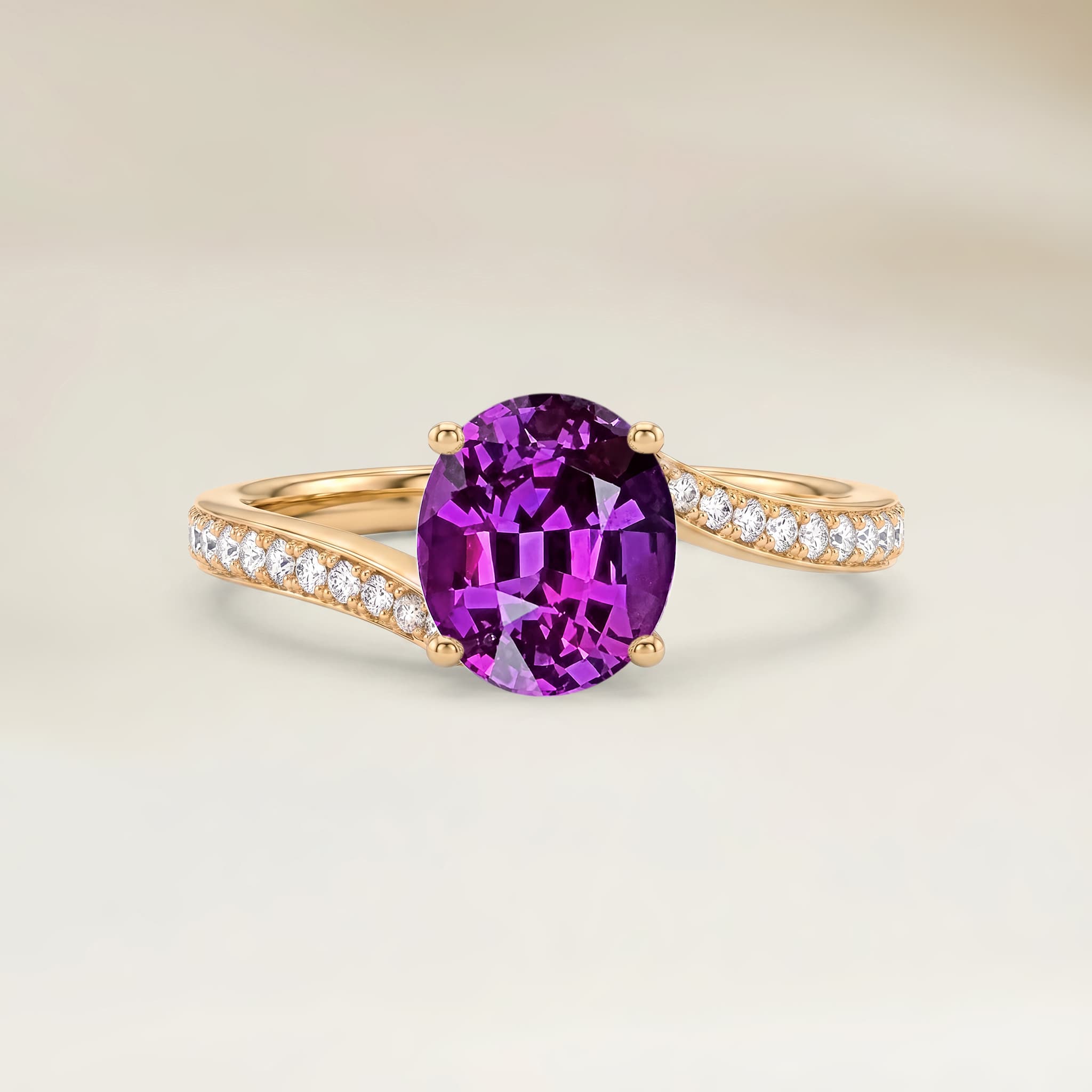 Bague Solitaire Saphir Violet Ovale de 1,60ct — Or Jaune 18k - vue principale