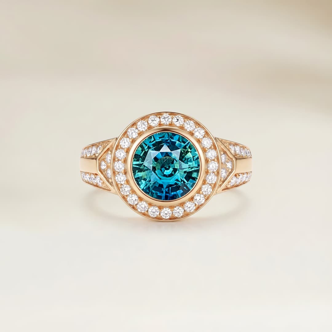 Anillo Art Déco de Zafiro Teal Redondo de 2,59 ct
