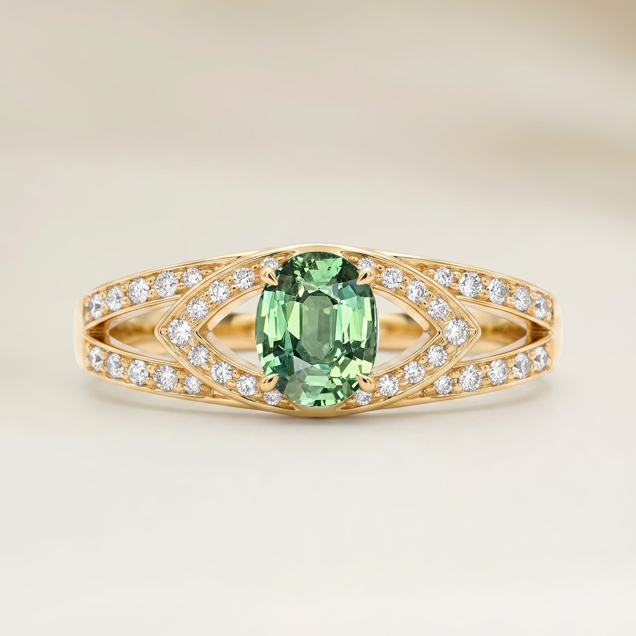 Bague Moderne Saphir Vert Ovale de 1,14ct — Or Jaune 18k - vue principale