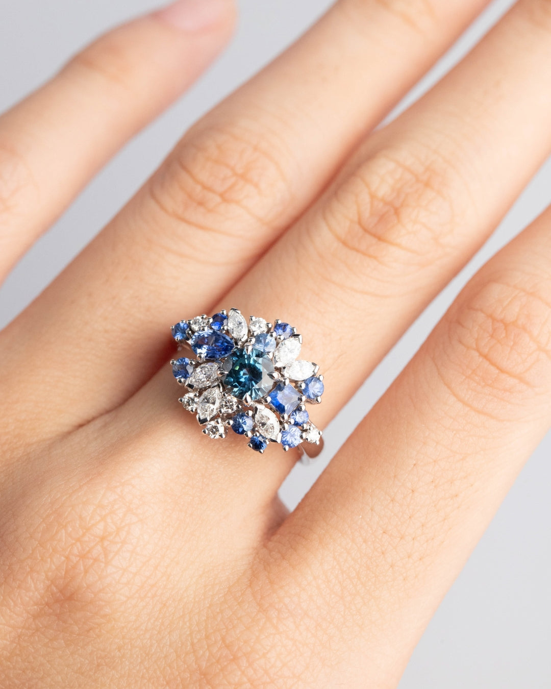 Teal and Blue Sapphire Engagement Ring