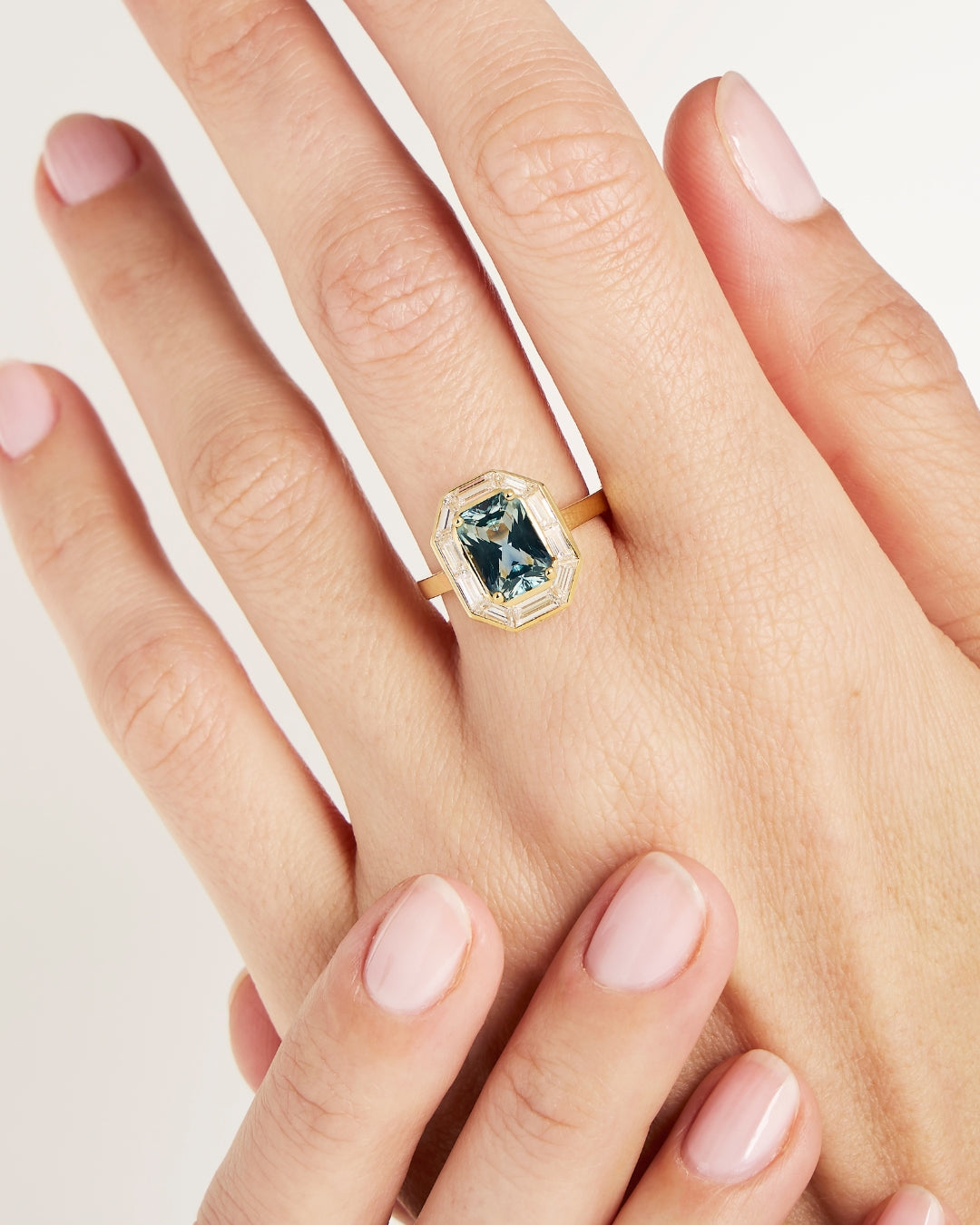 Art Deco Style Teal Sapphire Engagement Ring