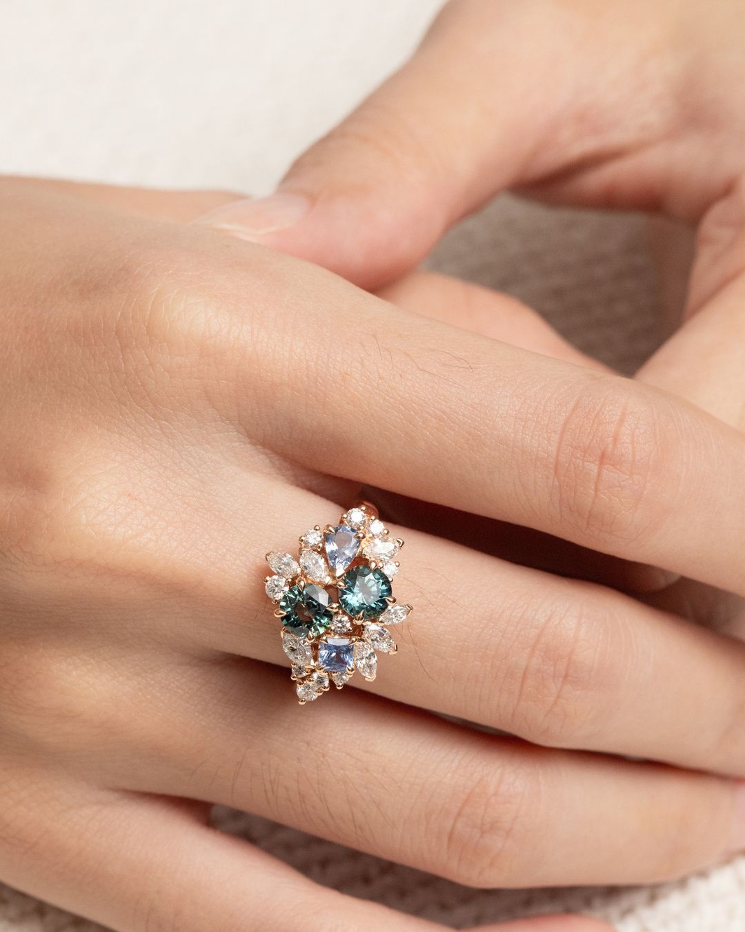Engagement ring with Teal Sapphires (Teal Bloom inspiration)