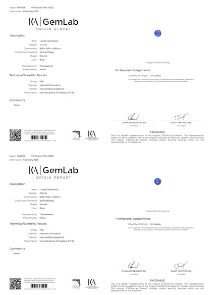 L'image présente deux rapports d'origine GemLab pour le Saphir Bleu Bonnot Paris de 5,56 ct, chacun comportant un logo, une description, des mesures, des informations sur la transparence, les traitements, des avis professionnels et une certification par un évaluateur agréé. Ils incluent également des filigranes et des codes QR.