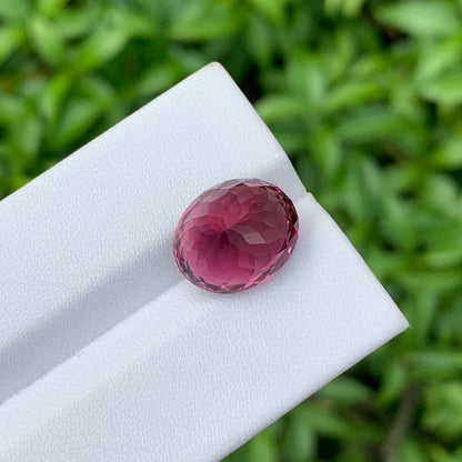 Une Tourmaline Rose de 5,88 carats de Bonnot Paris, facettée en forme ovale et d'une teinte violet profond, est présentée sur une surface blanche sur fond de feuillage vert flou.