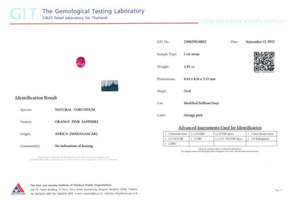 Un Bonnot Paris Saphir Rose · 3,55 ct de Madagascar est accompagné d'un rapport de laboratoire de tests gemmologiques détaillant ses dimensions, aucune indication de chauffage, un code QR et la date : 13 septembre 2022.