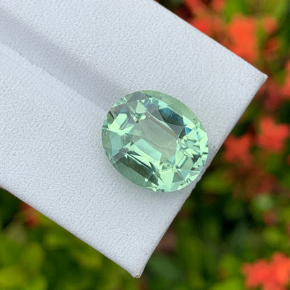 Une Tourmaline Verte de forme ovale · 7,3 ct de Bonnot Paris est présentée sur une surface blanche, sur fond flou de fleurs rouges et de feuillage vert.