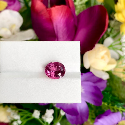 La Tourmaline Rubellite 4,35ct de Bonnot Paris est présentée sur un fond blanc, avec un arrangement floral vivant de fleurs violettes, rouges, blanches et jaunes rehaussant la scène.