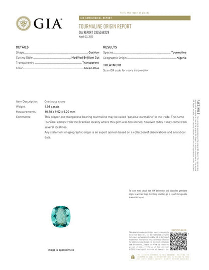 Rapport GIA Bonnot Paris pour la tourmaline paraïba de 4,08 ct, de forme coussin, taille brillant modifiée, transparente et non traitée, provenant du Mozambique. Code QR et texte standard inclus.