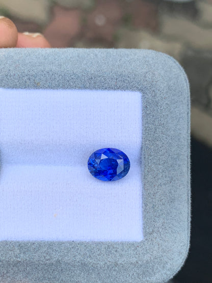 Le Saphir bleu de 3,55 carats de Bonnot Paris, ressemblant à une pierre précieuse du Sri Lanka, repose dans une vitrine texturée gris clair, mettant en valeur sa couleur bleu vif et sa clarté - une véritable gemme d'exception.