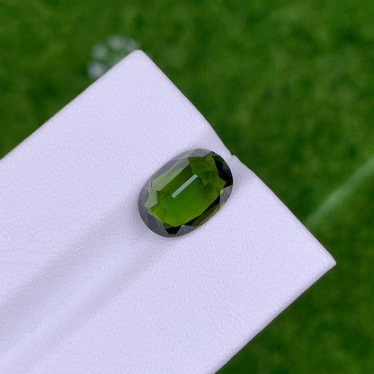 La Tourmaline Chrome ovale de 3,04 ct de Bonnot Paris est présentée sur une surface blanche avec un fond herbeux.