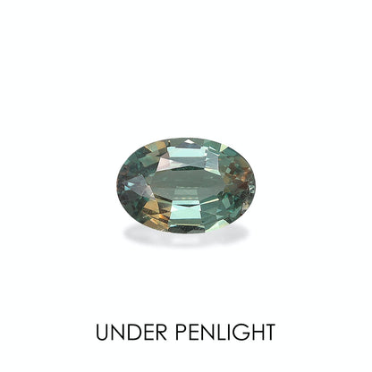 Une alexandrite ovale à facettes de Bonnot Paris (0,89 ct) présente des reflets verts avec des reflets bruns sous la lumière d'un stylo sur fond blanc, soulignant sa clarté et ses variations de couleur. L'inscription « SOUS LA LUMIÈRE » est visible ci-dessous.