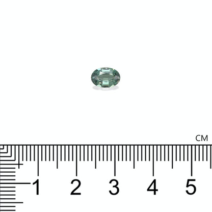 Une petite pierre précieuse ovale d'Alexandrite verte, de 0,89 ct, de Bonnot Paris est placée au-dessus d'une règle centimétrique pour l'échelle sur un fond blanc.