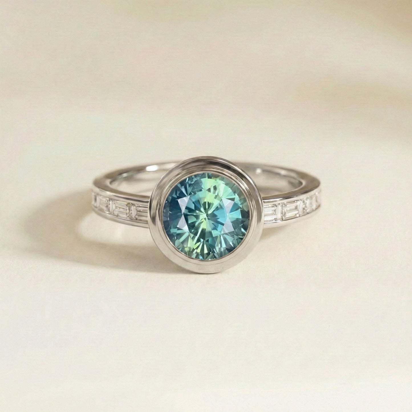 Bague art deco avec saphir teal rond or blanc