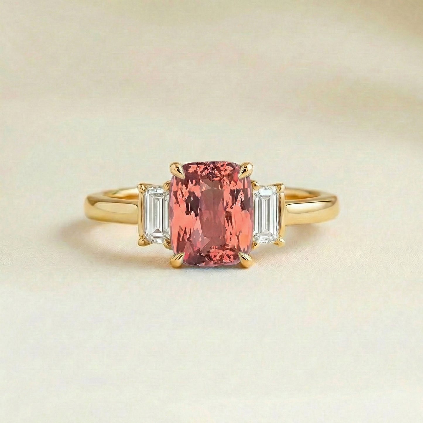 Bague fiançailles avec saphir padparadscha coussin et diamants baguettes