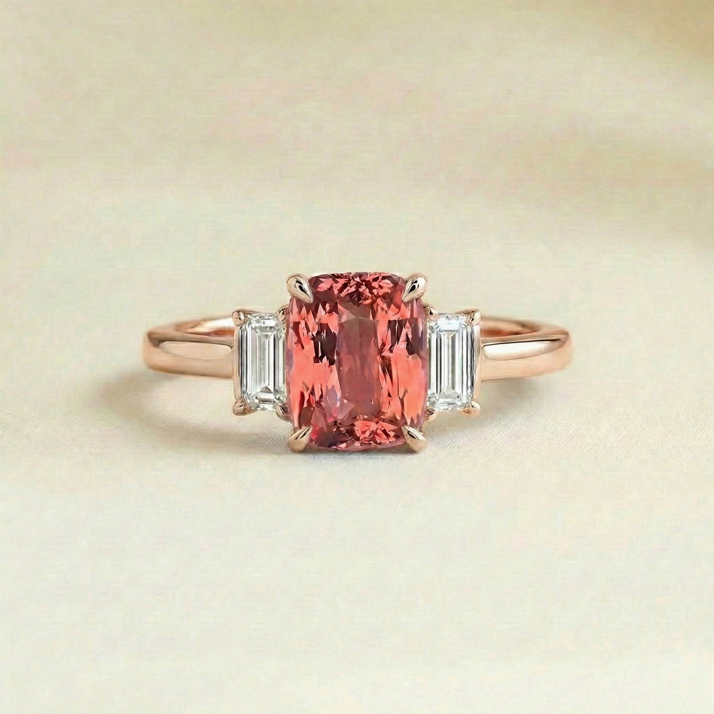 Bague fiançailles avec saphir padparadscha coussin et diamants baguettes or rose