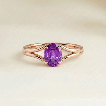 Bague fiançailles solitaire saphir violet en or rose