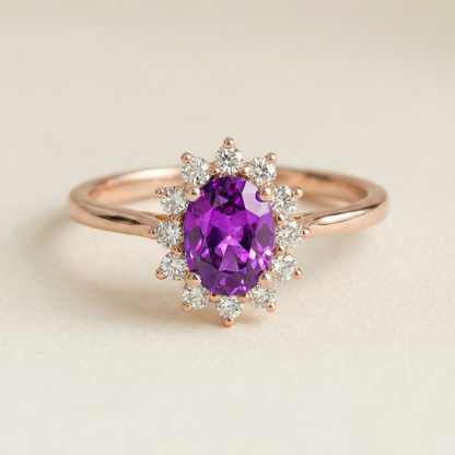 Bague marguerite saphir violet oval or rose
